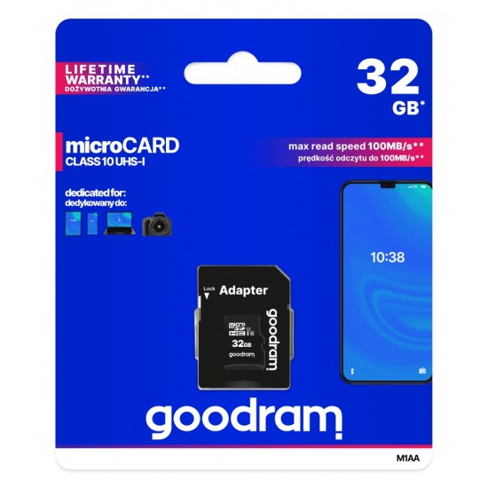 GOODRAM MICRO CARD 32GB CL 10 UHS I + ADAPTER M1AA GOODRAM MICRO CARD 32GB CL 10 UHS I + ADAPTER M1AA